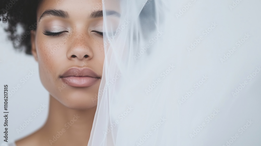 Close-up portrait of a serene woman with freckles and closed eyes, partially obscured by sheer fabric Close-up portrait of a serene woman with freckles and closed eyes, partially obscured by sheer fabric