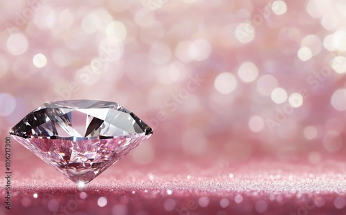 Sparkling diamond resting on a reflective surface with a colorful bokeh backg...
