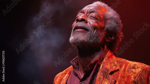 A Elderly man performing in a theater play his glowing expressions bringing his character to life photo