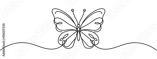 Continuous butterfly one line drawing and simple single outline vector Drawing.