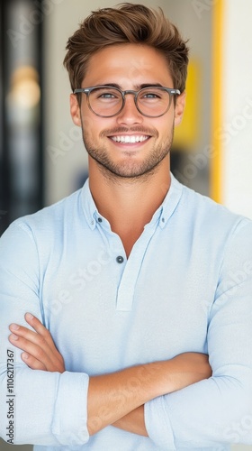 Professional man with glasses smiles confidently in modern office setting dur...