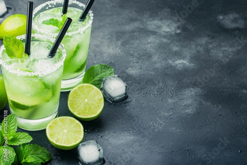 Refreshing cocktails served in glasses with mint and lime on a stylish counter