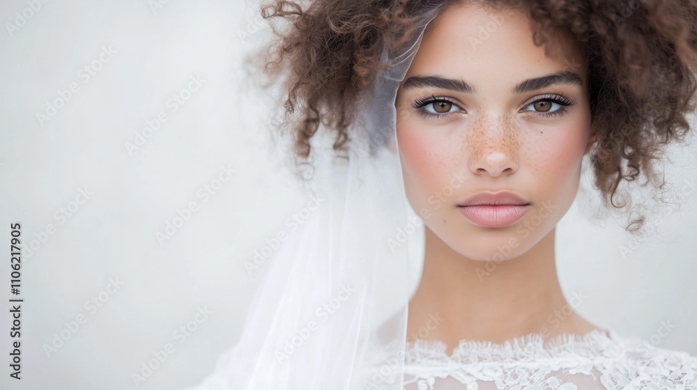 Young bride with curly hair and a lace wedding dress looking confidently at the camera Young bride with curly hair and a lace wedding dress looking confidently at the camera