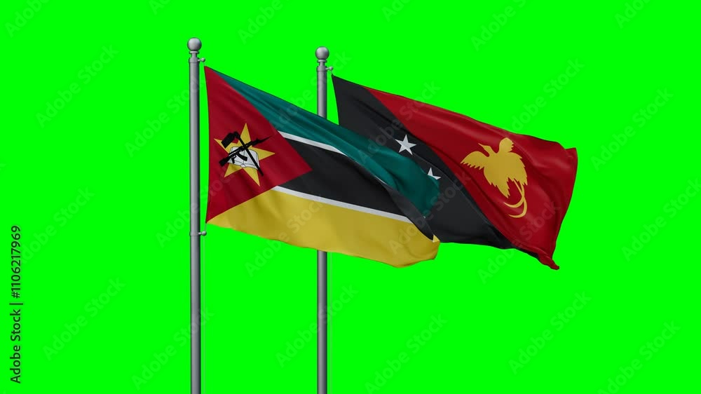 Papua New Guinea and Mozambique flags flying together, video concept of the relationship with colored chroma key for easy background remove Papua New Guinea and Mozambique flags flying together, video concept of the relationship with colored chroma key for easy background remove