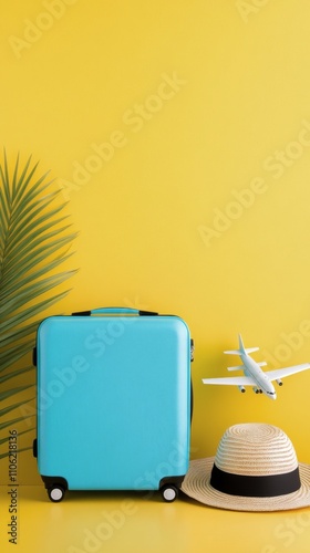 A turquoise suitcase stands beside a wide brimmed straw hat against a vibrant...
