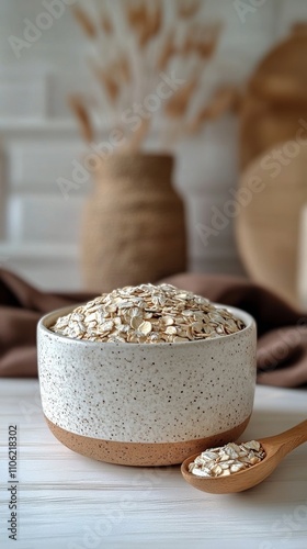 Healthy oats in a ceramic jar with a wooden spoon and decorative elements in ...