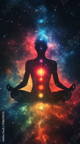 Meditation and energy alignment in a cosmic setting with colorful chakras ill...