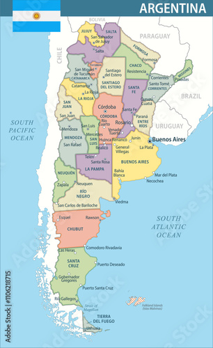 Argentina Map Vector New 2024 Colorful - Customizable layered political map of Argentina with administrative divisions for website, education, reports, news, politics, print, poster and wallpaper