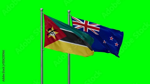 Wallpaper Mural New Zealand and Mozambique flags flying together, video concept of the relationship with colored chroma key for easy background remove, two country cooperation concept Torontodigital.ca