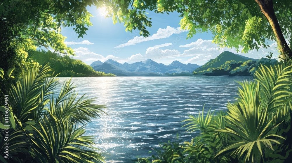Serene Lakeside Mountain View Framed By Lush Tropical Foliage
