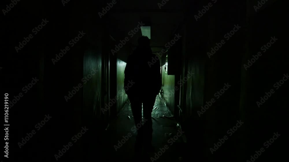Man in silhouette walking through dark underground tunnel in secret Soviet base. Secret Bunker Is Located 9 Meters Below Ground. Shelter for the Communist Power Elite in the Event of Nuclear War.