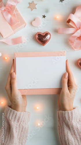 Hands holding a blank card above decorative hearts on a soft pink background