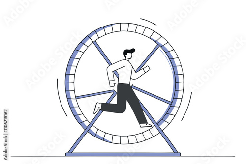 Young man running in the large hamster wheel. Struggle Challenges. Routine concept