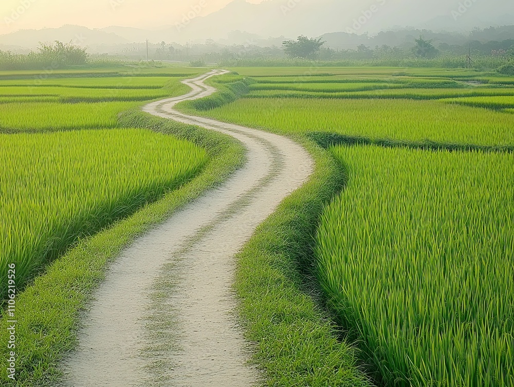 Winding dirt road through vibrant green rice paddies. Winding dirt road through vibrant green rice paddies.