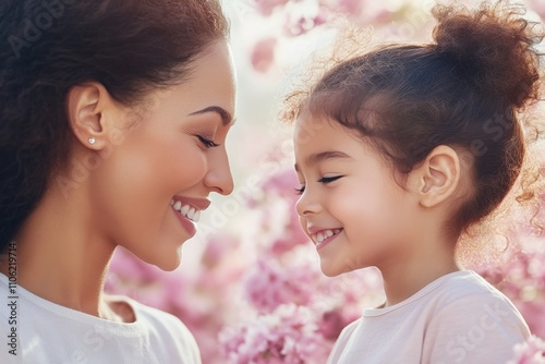 Joyful mother and daughter sharing a tender moment under blossoming trees dur...