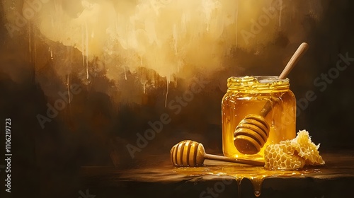 A jar of honey with a wooden spoon dripping into it, next to some fresh beehive pieces on the table
