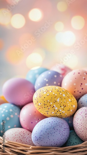 Colorful Easter eggs piled in a basket with a soft pastel background during s...