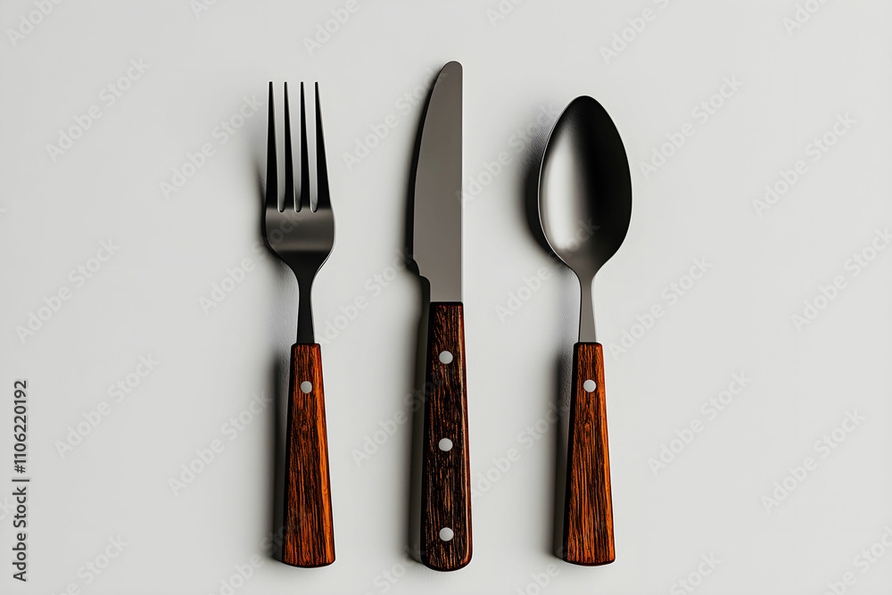 Naklejka premium Stylish Minimalist Flatware Set with Fork, Knife, and Spoon on Neutral Background