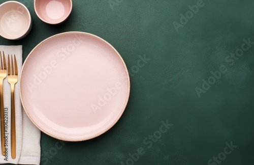 Elegant table setting with pastel plates and golden cutlery on a dark green b...