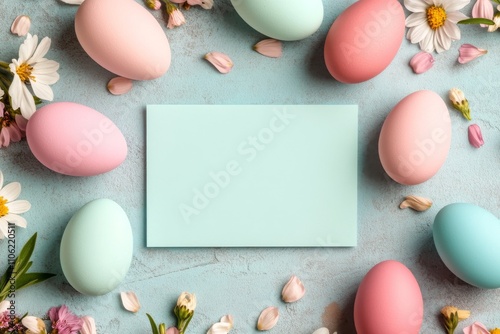Colorful Easter eggs arranged around a blank card with flowers on a light blu...