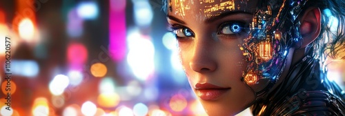 Cyberpunk Woman: Digital Dreamscape - A close-up portrait of a woman with cybernetic enhancements, set against a vibrant cityscape backdrop.  Symbolizing technology, beauty, future, artificial intelli photo