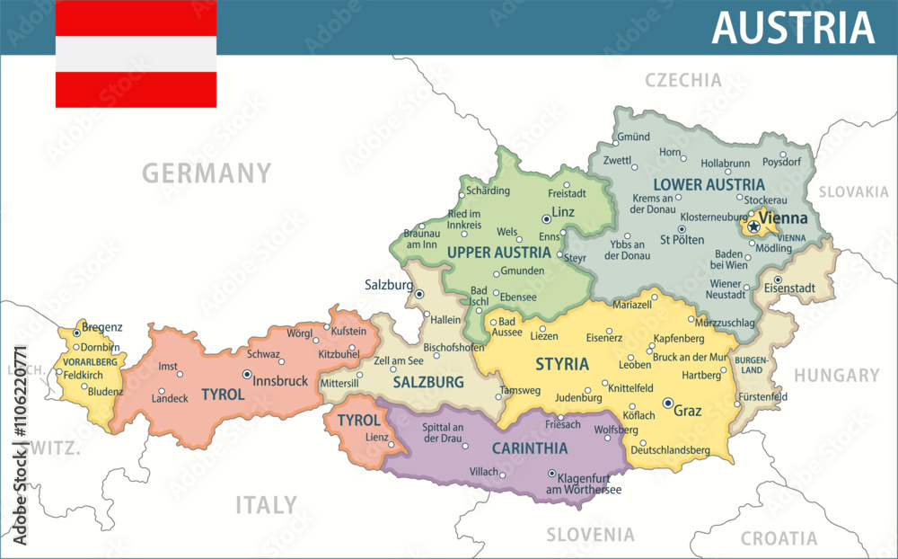 Fototapeta Austria Map Vector New 2024 Colorful - Customizable layered political map of Austria with administrative divisions for website, education, reports, news, politics, print, poster and wallpaper