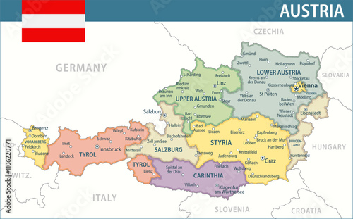 Austria Map Vector New 2024 Colorful - Customizable layered political map of Austria with administrative divisions for website, education, reports, news, politics, print, poster and wallpaper