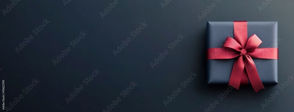 Gift box with red ribbon placed on dark background for special occasions or celebrations