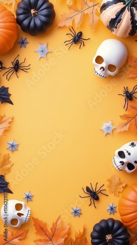 Colorful Halloween decorations with pumpkins, skulls, and spiders on yellow b...