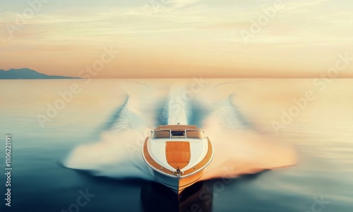 Luxury speedboat gliding across calm waters during sunset by a scenic coastline