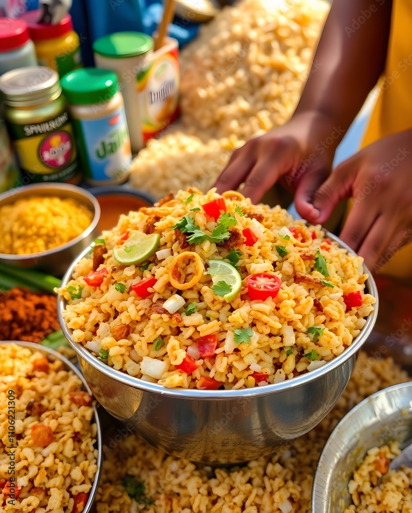 A colorful bowl of Bhel Puri, a popular Indian street food, made with puffed rice, sev, onions, tomatoes, lime, and coriander. Served fresh in a metal bowl, it's vibrant, tangy, and full of flavor.