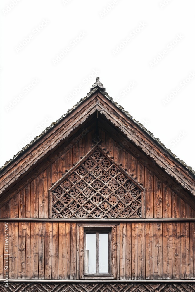 Wooden gable, carved lattice, small window. Wooden gable, carved lattice, small window.