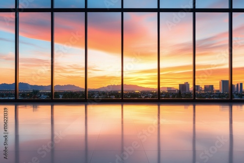 Sunset view over city skyline from modern building with large windows