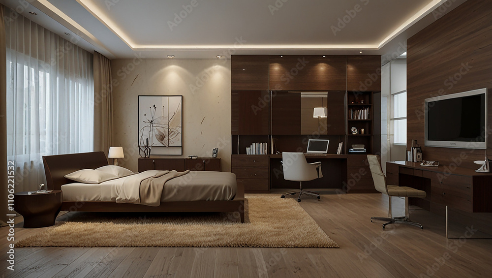 Fototapeta premium A stylish bedroom design with a cozy bed, a minimalist desk, and a wall-mounted TV for a contemporary living space.