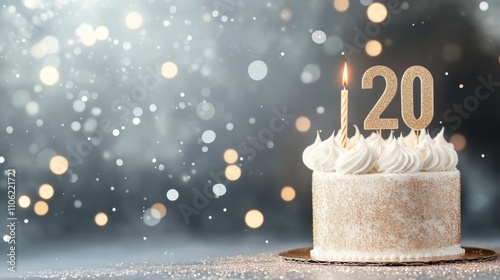 A festive cake with a sparkly 20 candle and a soft bokeh background