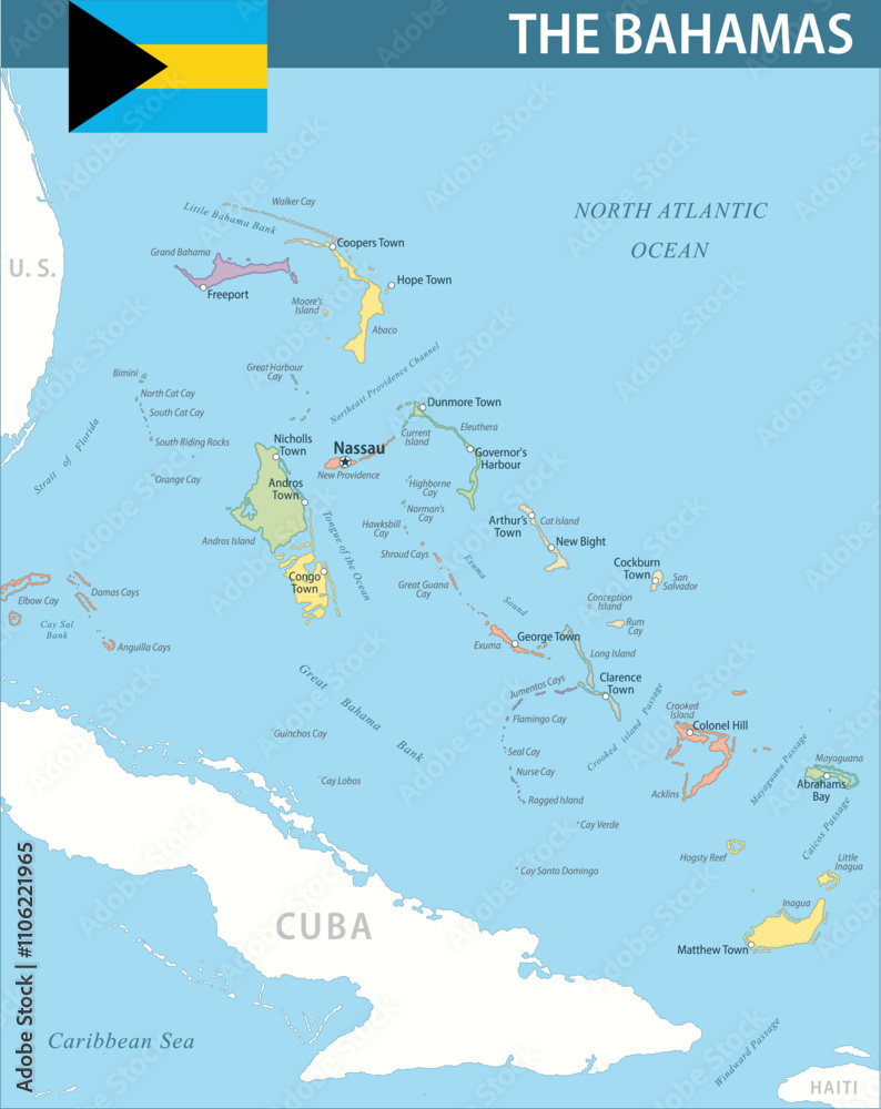 Fototapeta premium The Bahamas Map Vector New 2024 Colorful - Customizable layered political map of the Bahamas with administrative divisions for website, education, reports, news, politics, print, poster and wallpaper