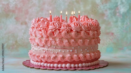 Festive pink cake decorated with candles ready for a celebration at a party