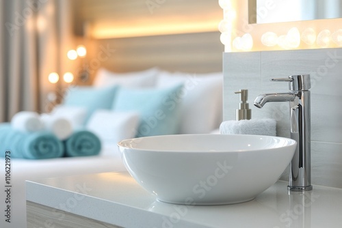 Modern bathroom sink design in a stylish hotel room with soft lighting and cozy ambiance photo