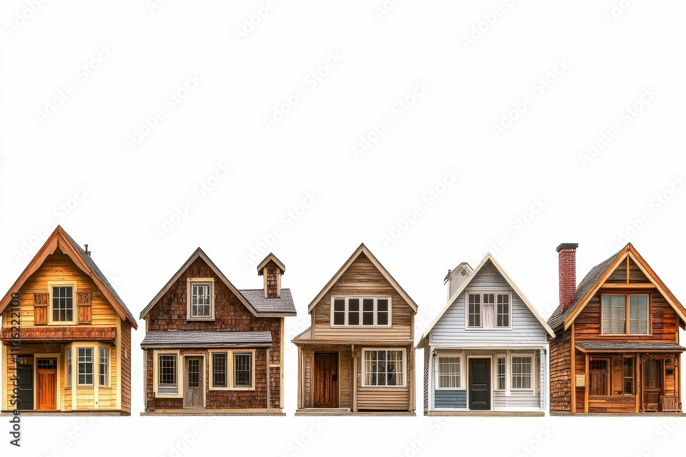 Five small wooden houses, varied styles, white background. Five small wooden houses, varied styles, white background.