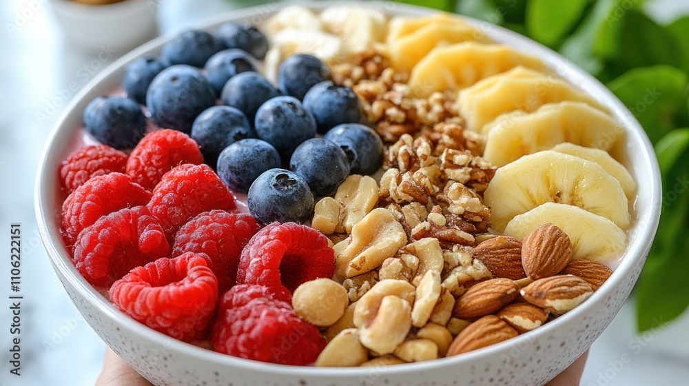 Colorful smoothie bowl with berries, banana, nuts. Colorful smoothie bowl with berries, banana, nuts.