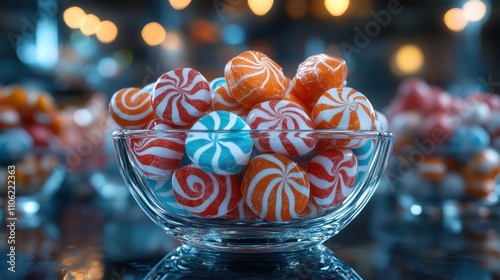 Colorful swirl hard candies in glass bowl. photo