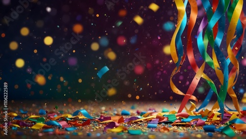 Colorful ribbons and confetti fall on a dark background.

