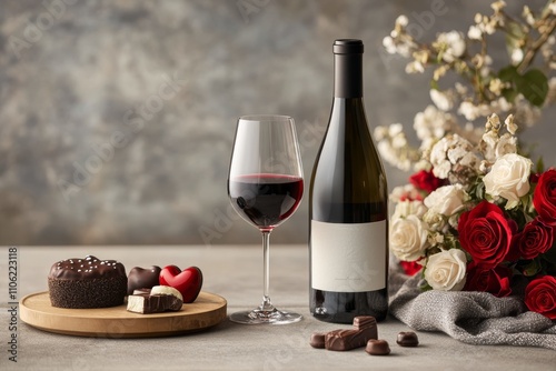 Romantic dessert platter with wine and roses for an intimate celebration