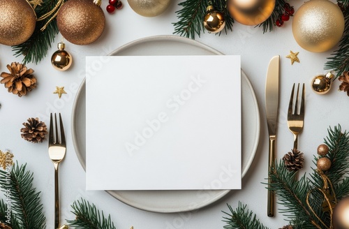 Holiday table setting with blank card surrounded by festive decorations and u...