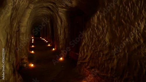 Long, Straight Cave with Side Niches, with Burning Candles Lined Along the Edges. A Cave or Cavern is a Natural Void Under the Earths Surface or Artificial, Carved into Rocks by People.