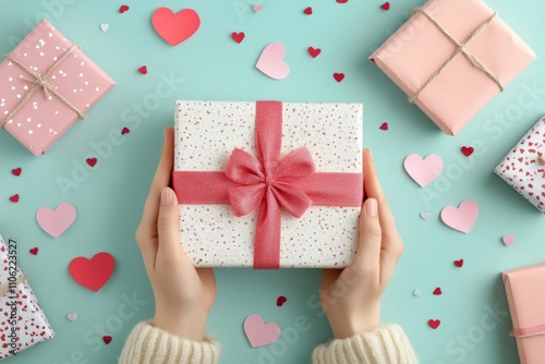 Heartfelt gift exchange with pink decorations and romantic atmosphere