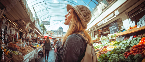 French Market Woman: Fisheye View of Colorful Produce and Culture