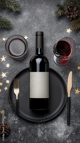 Elegant holiday dinner setting with wine and festive decorations on a dark table