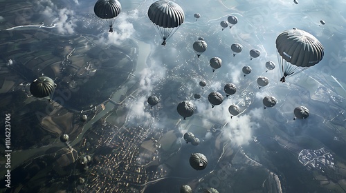 An Aerial View of a Formation of Paratroopers Descending from the Sky, Capturing the Precision and Coordination of Their Jumps Against a Vast Landscape, Demonstrating Skill, Discipline, and Teamwork