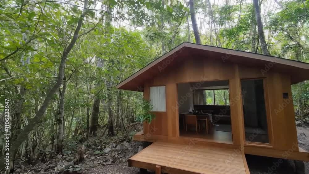 Cozy bungalow featuring minimalist aesthetics, surrounded by nature. Cozy bungalow featuring minimalist aesthetics, surrounded by nature.